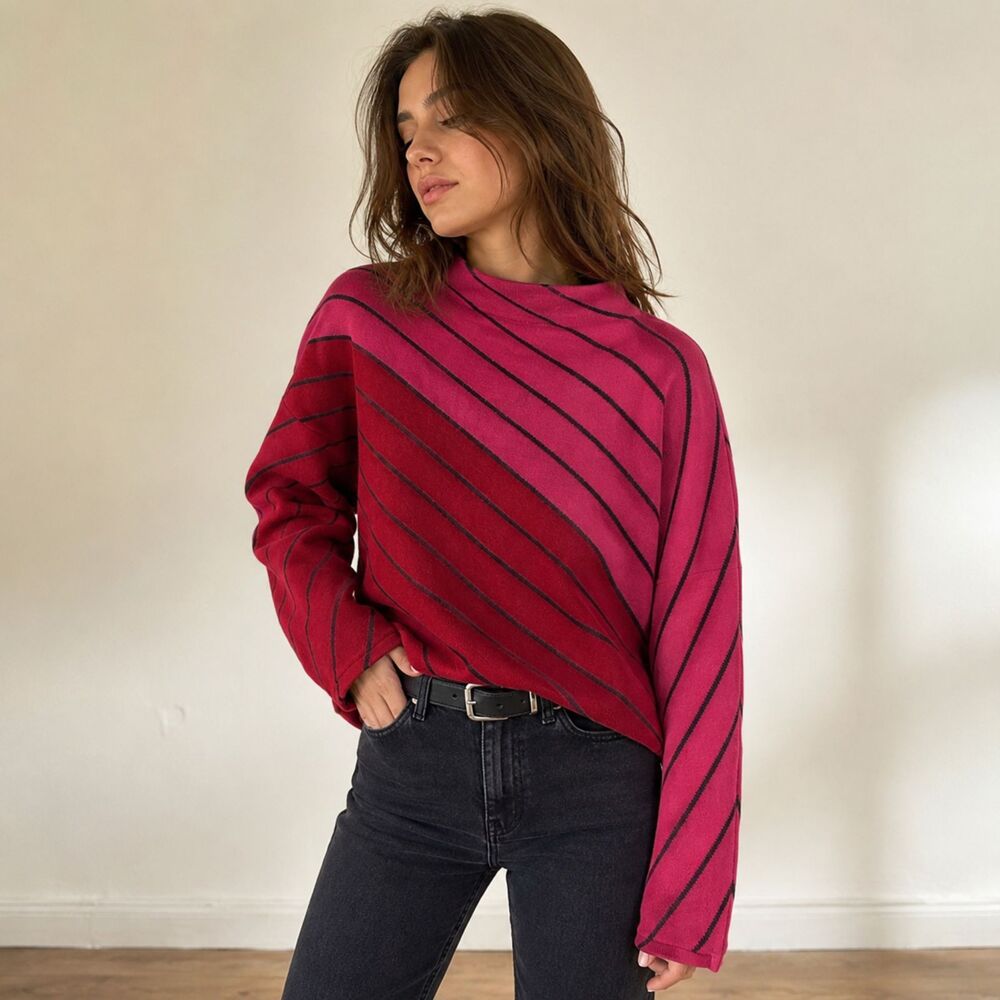 Color Block Stripe Slouchy Artsy Dolman Sleeve Knit Mock Neck Sweater NEW